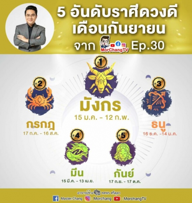 หมอช้าง เปิด 5 อันดับราศีดวงดี ประจำเดือนก.ย. ใครปังใครเริ่ดเช็คด่วน!