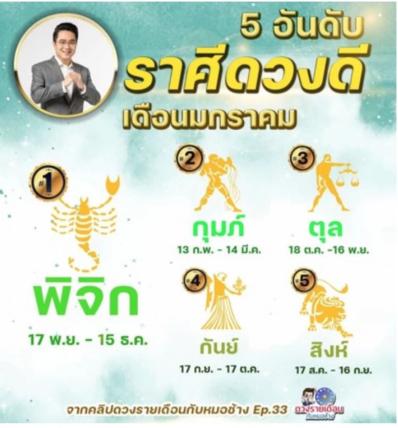 หมอช้าง เปิดคำทำนาย 5 ราศีดวงดีที่สุดในเดือนมกราคม